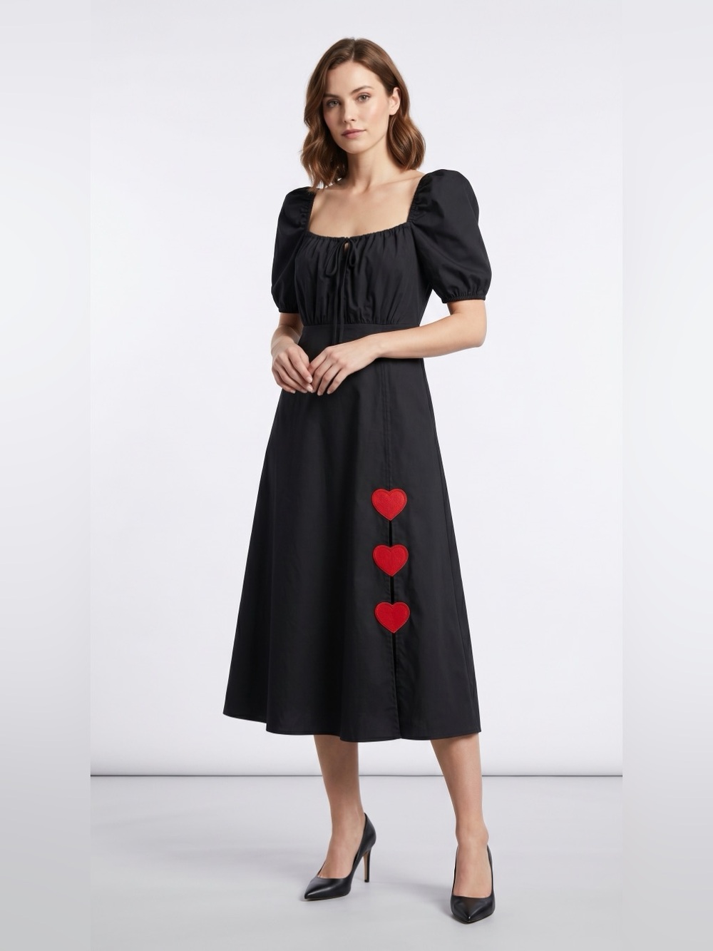 Black Midi Dress with Red Heart Accents